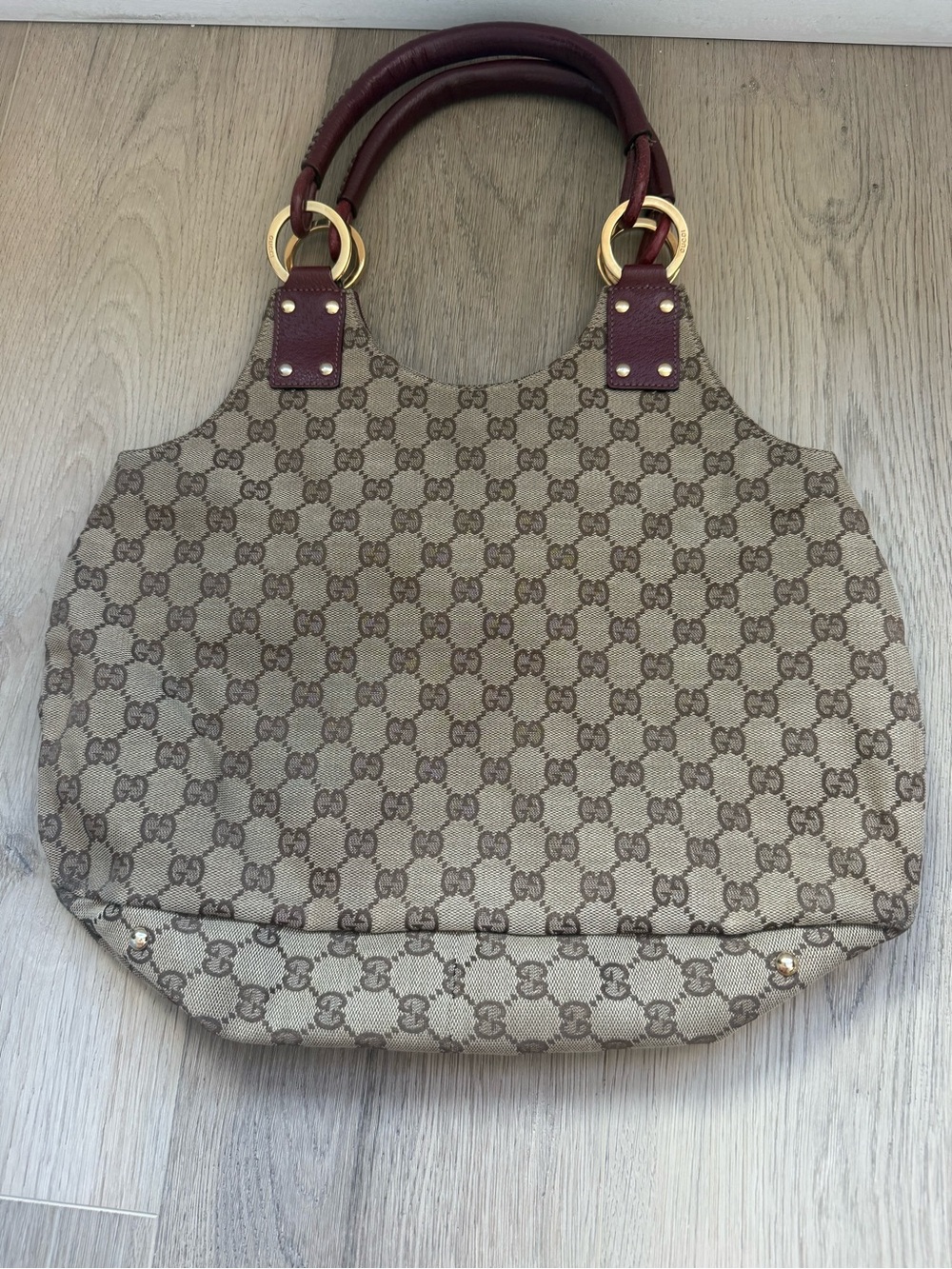 Gucci Beige Monogram Canvas Shoulder Bag with Burgundy Handles